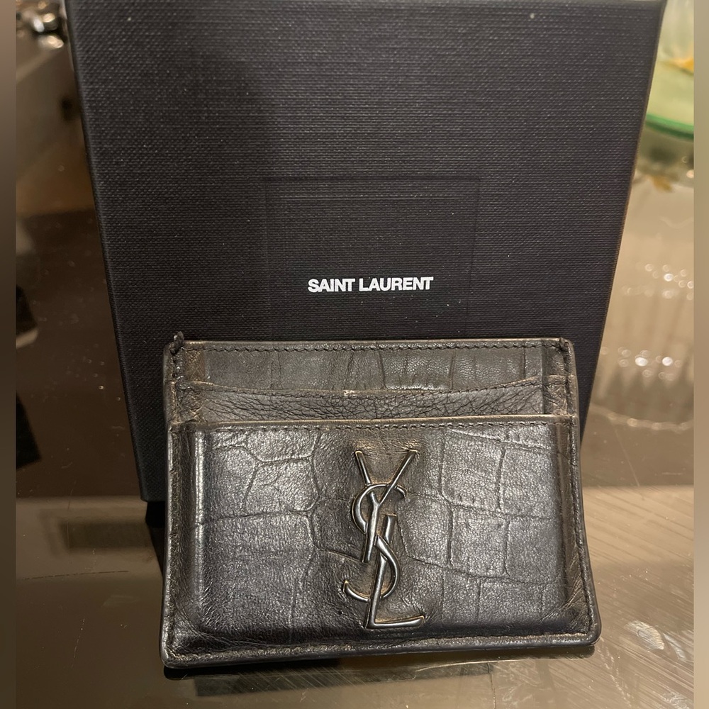 YSL Saint Laurent Crocodile Embossed Black Leather Card Holder With Box